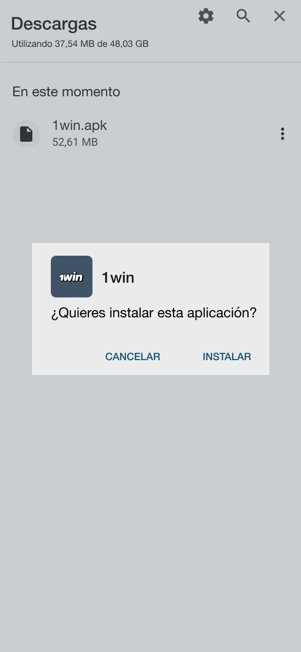Finaliza instalación de 1win con asistente.