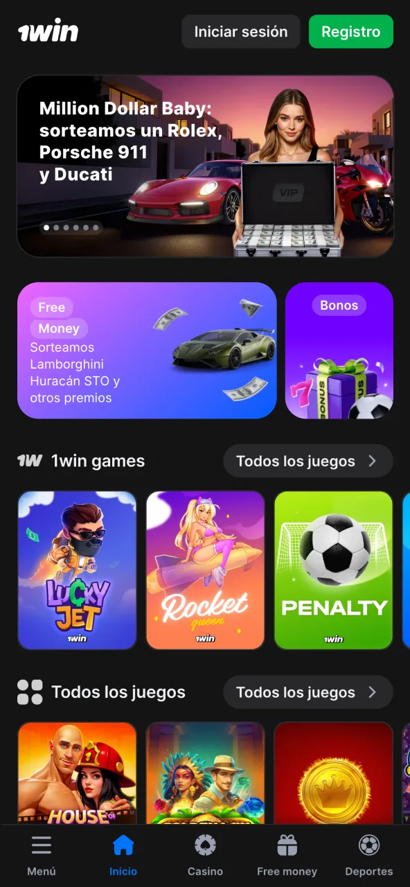 Vista principal del sitio oficial de 1win.