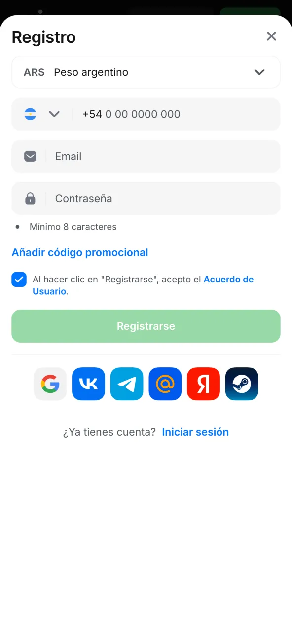 Proceso de registro visible en 1win.