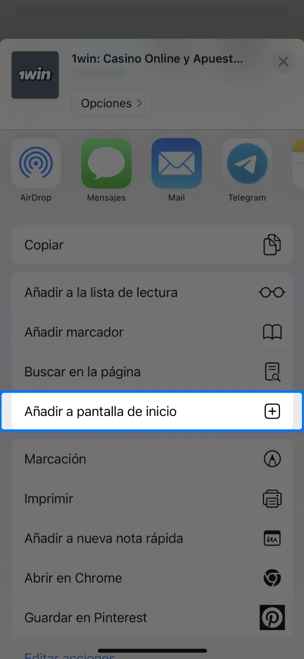 Agrega 1win a tu pantalla de inicio.