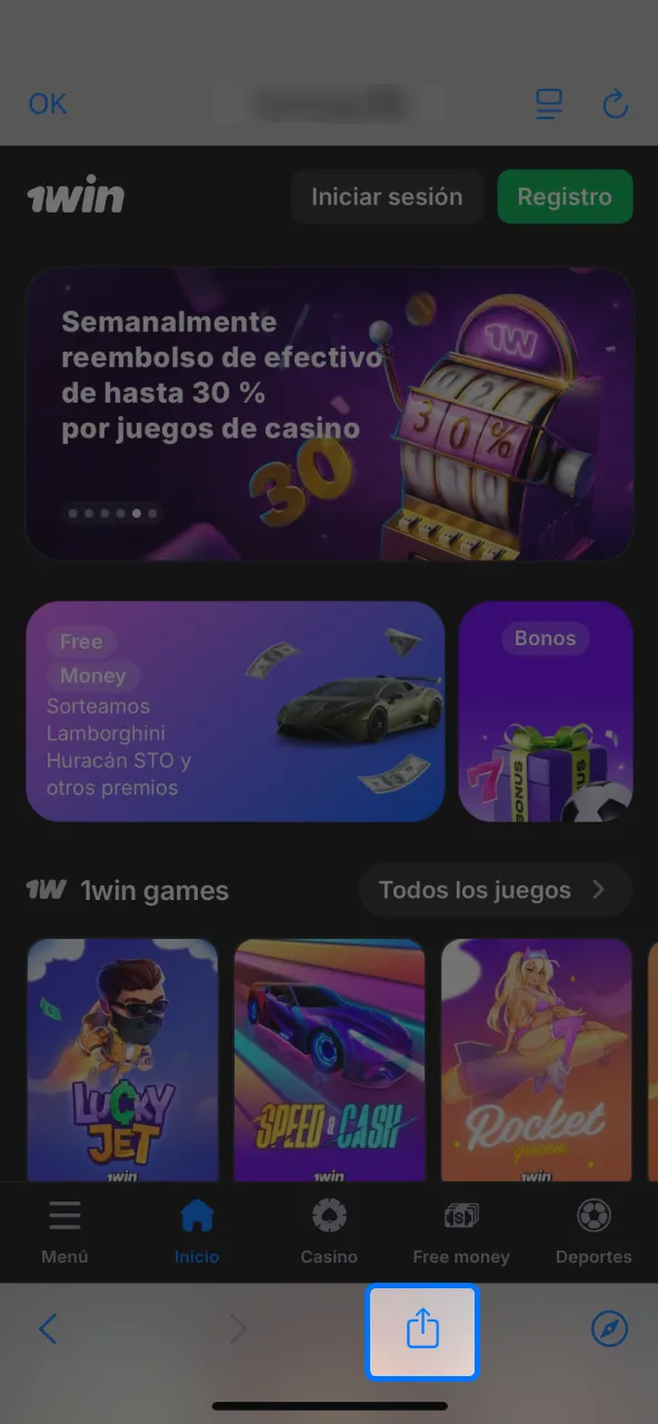 Usa el ícono de flecha en 1win.