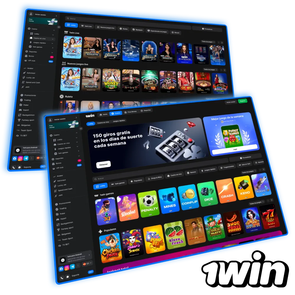 Casino 1win Argentina con tragamonedas y ruleta.