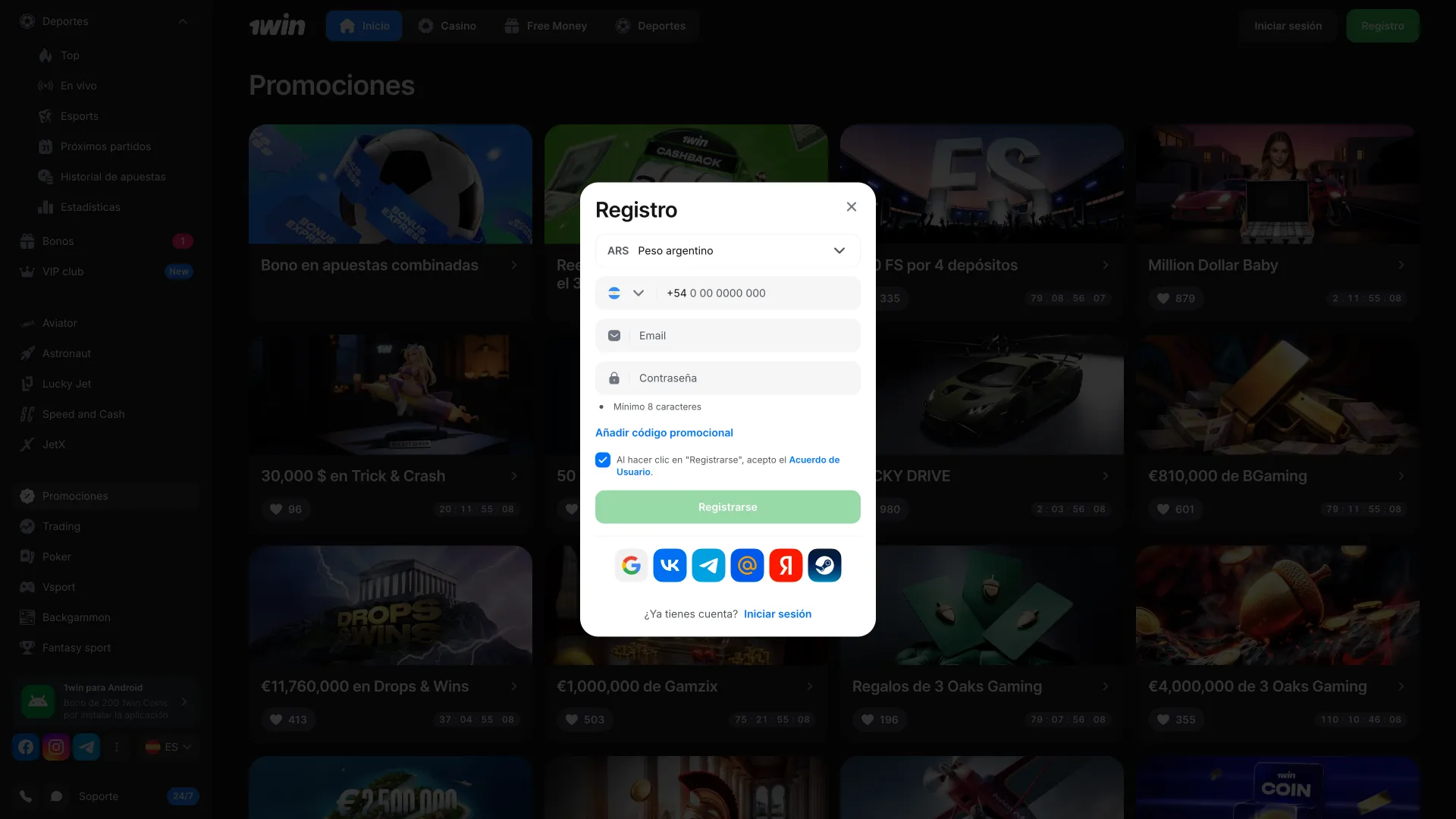 Formulario para crear cuenta en 1win.