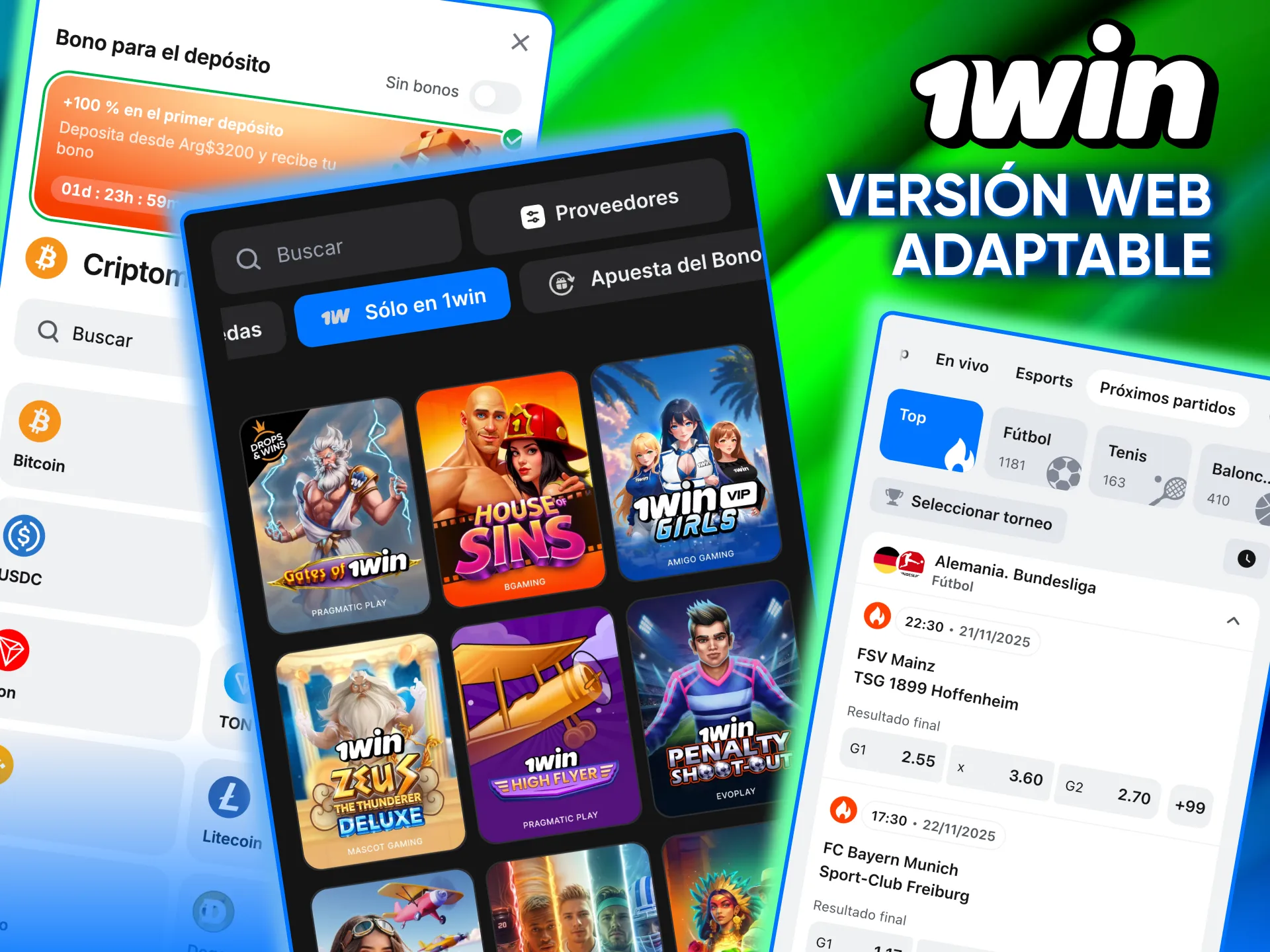 Interfaz web de 1win accesible en computadora, tablet y móvil.