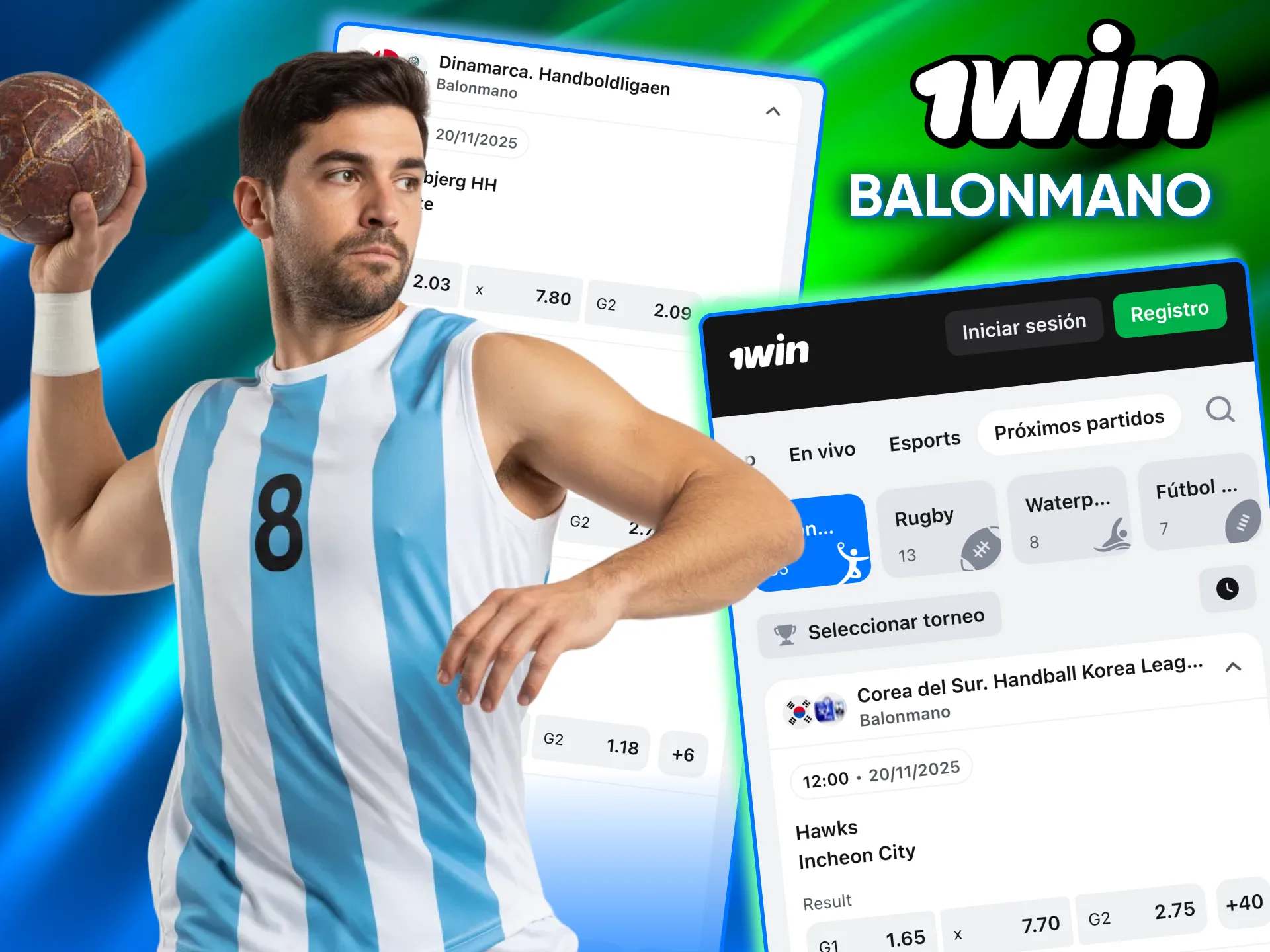 Balonmano disponible en la plataforma 1win con opciones de hándicap y máximo goleador.