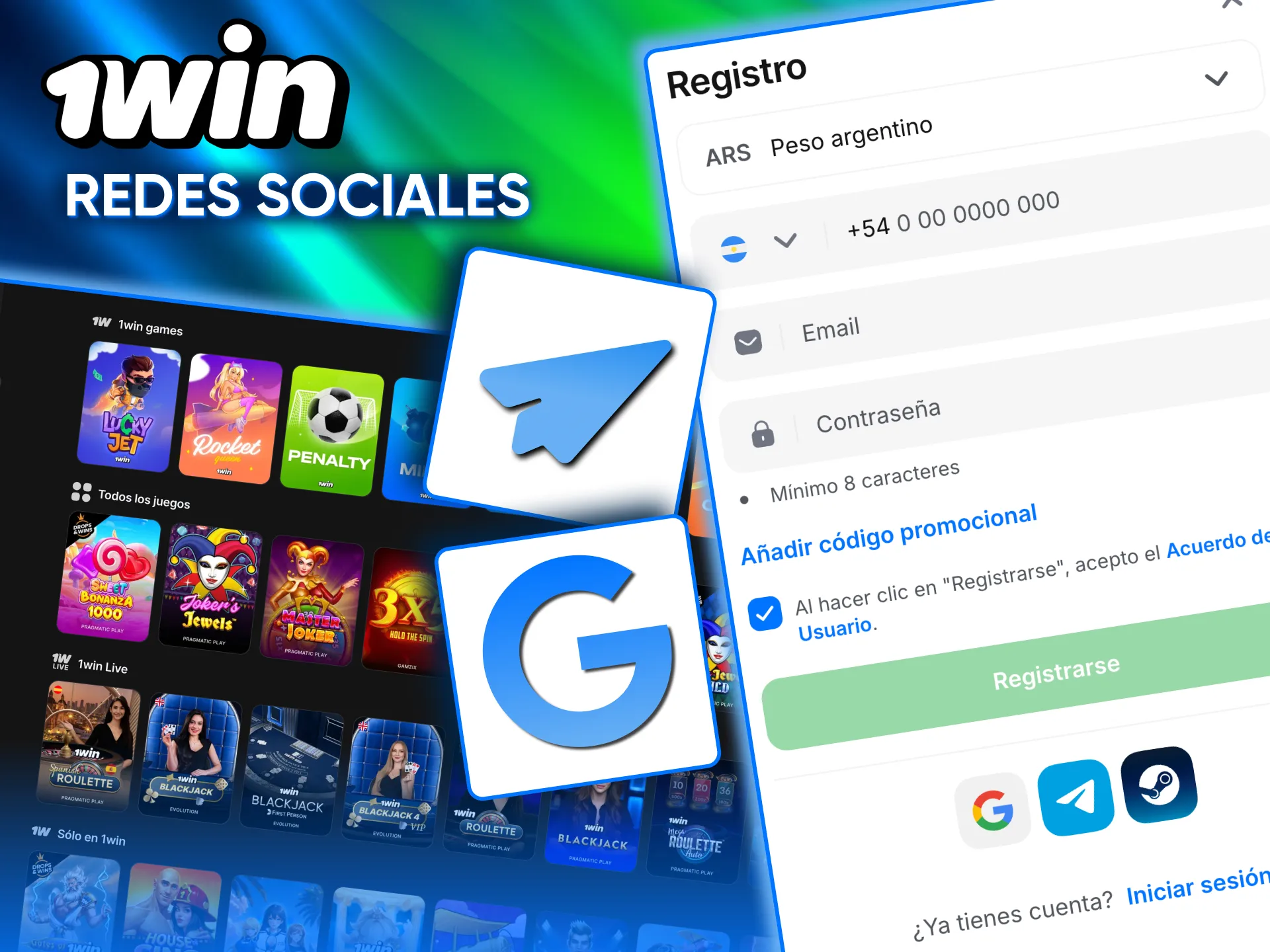 En 1win crea tu cuenta con Google, Telegram y más.