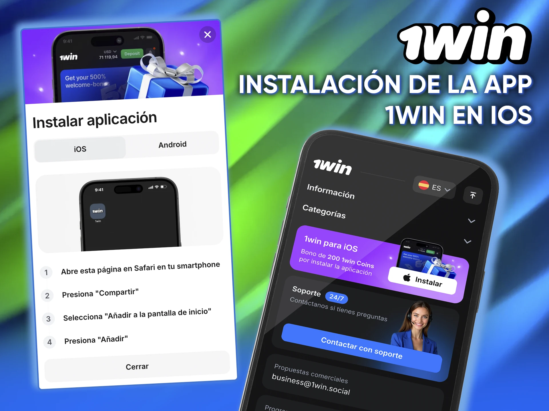 Instalación rápida de la aplicación 1win para iOS, disponible en solo unos clics.